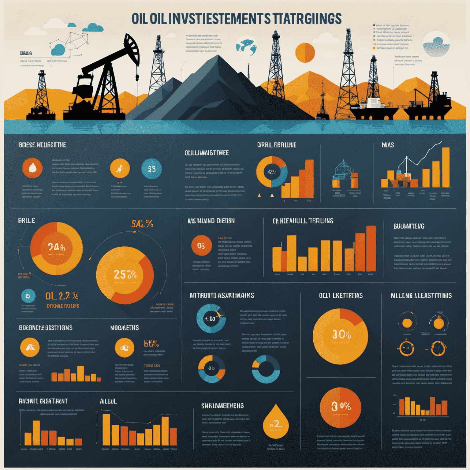 An infographic showing various oil investment strategies and their potential returns. The image includes charts, graphs, and icons representing different aspects of oil investments such as drilling rigs, pipelines, and stock market symbols.