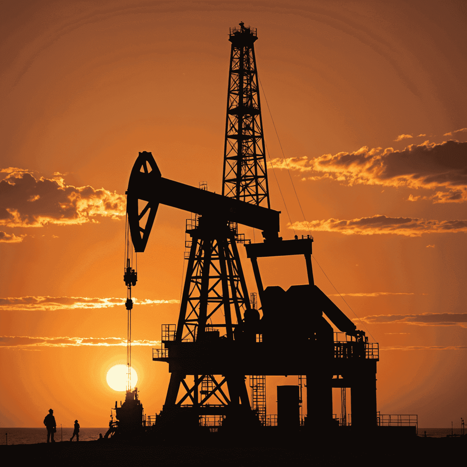 An oil rig silhouette against a vibrant orange sunset, symbolizing the potential of oil investments