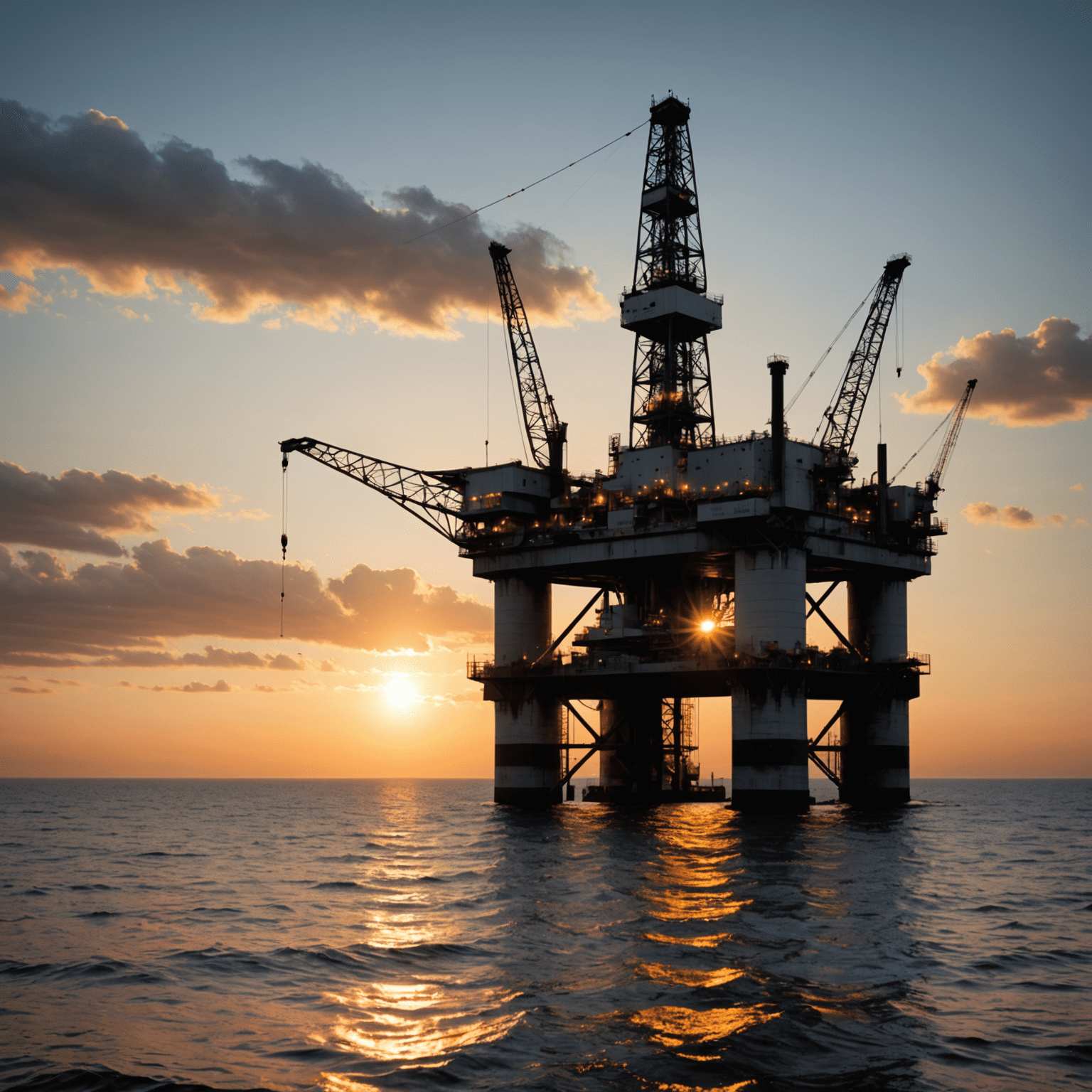 Oil rig at sunset with a graph overlay showing rising investment returns