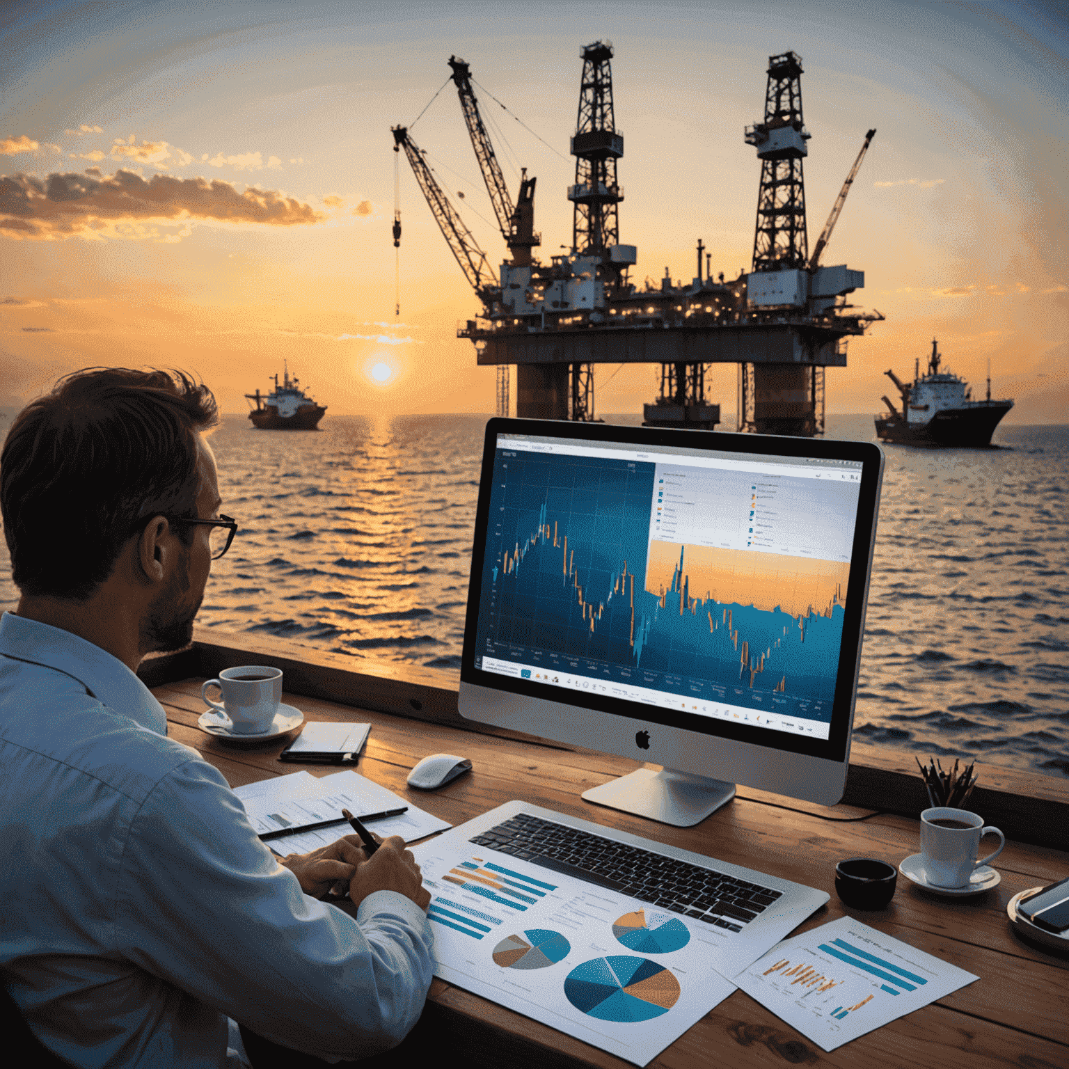 Oil rig at sunset with investors looking at charts and graphs, symbolizing the risks and rewards of oil investments