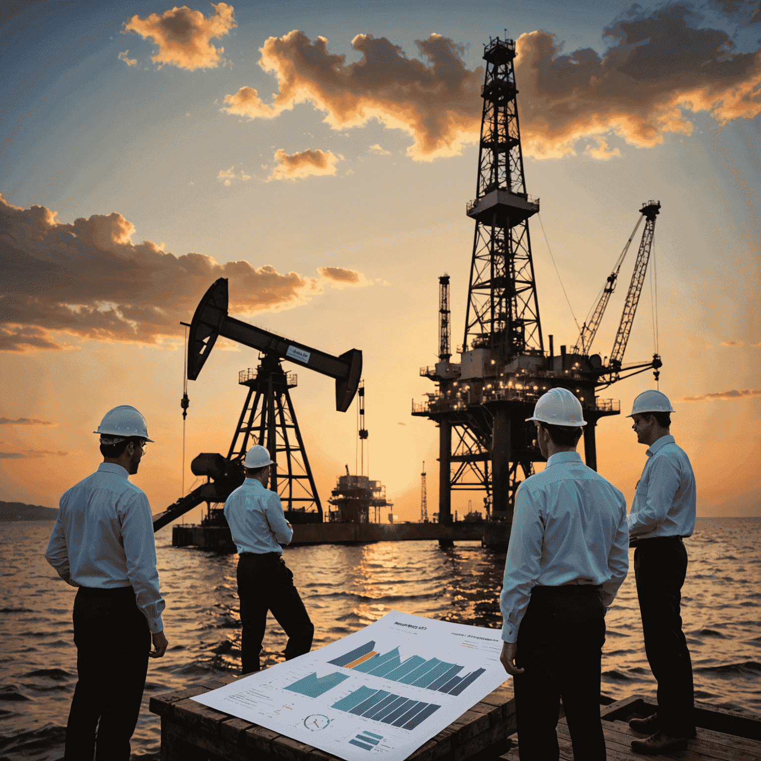 Oil rig at sunset with investors looking at charts and graphs, symbolizing the first steps into oil investments