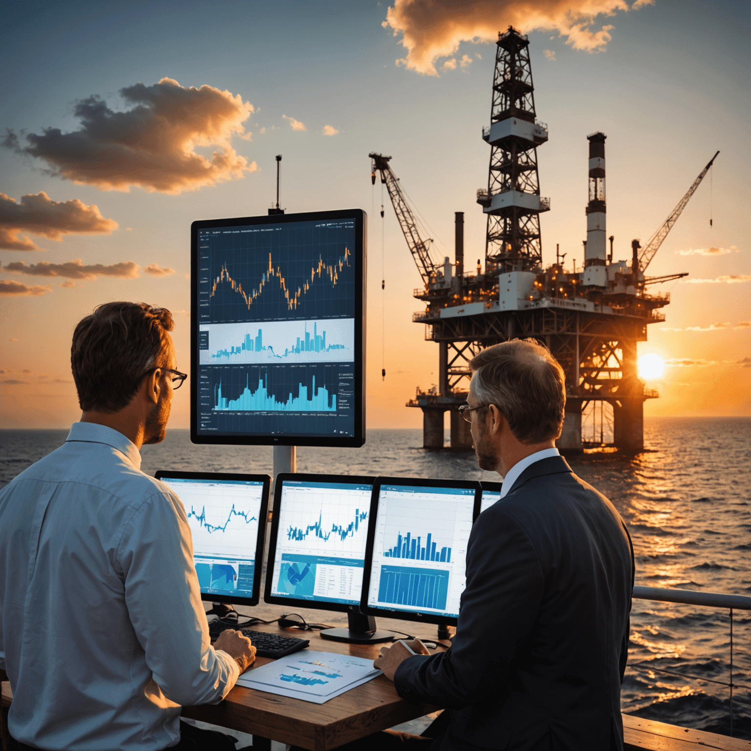 Oil rig at sunset with investors looking at charts and graphs, symbolizing passive income from oil investments