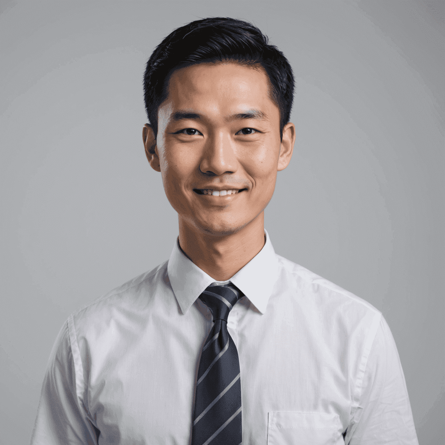 Portrait of Michael Chen, an Asian man in his 30s with short black hair, wearing a white shirt and navy tie, with a friendly smile