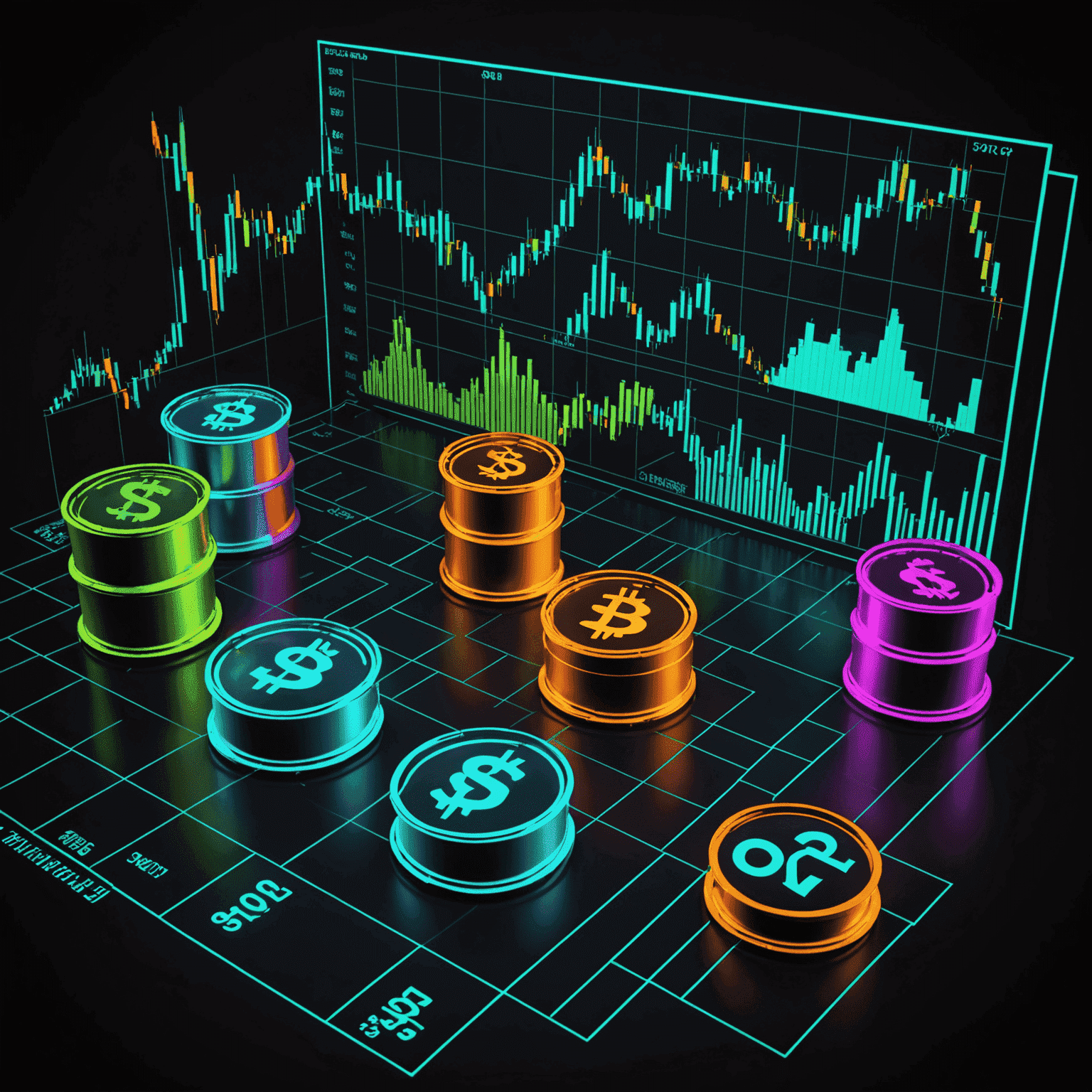 A diagram showing different aspects of oil investments, including oil barrels, stock charts, and dollar signs, all in neon colors against a dark background