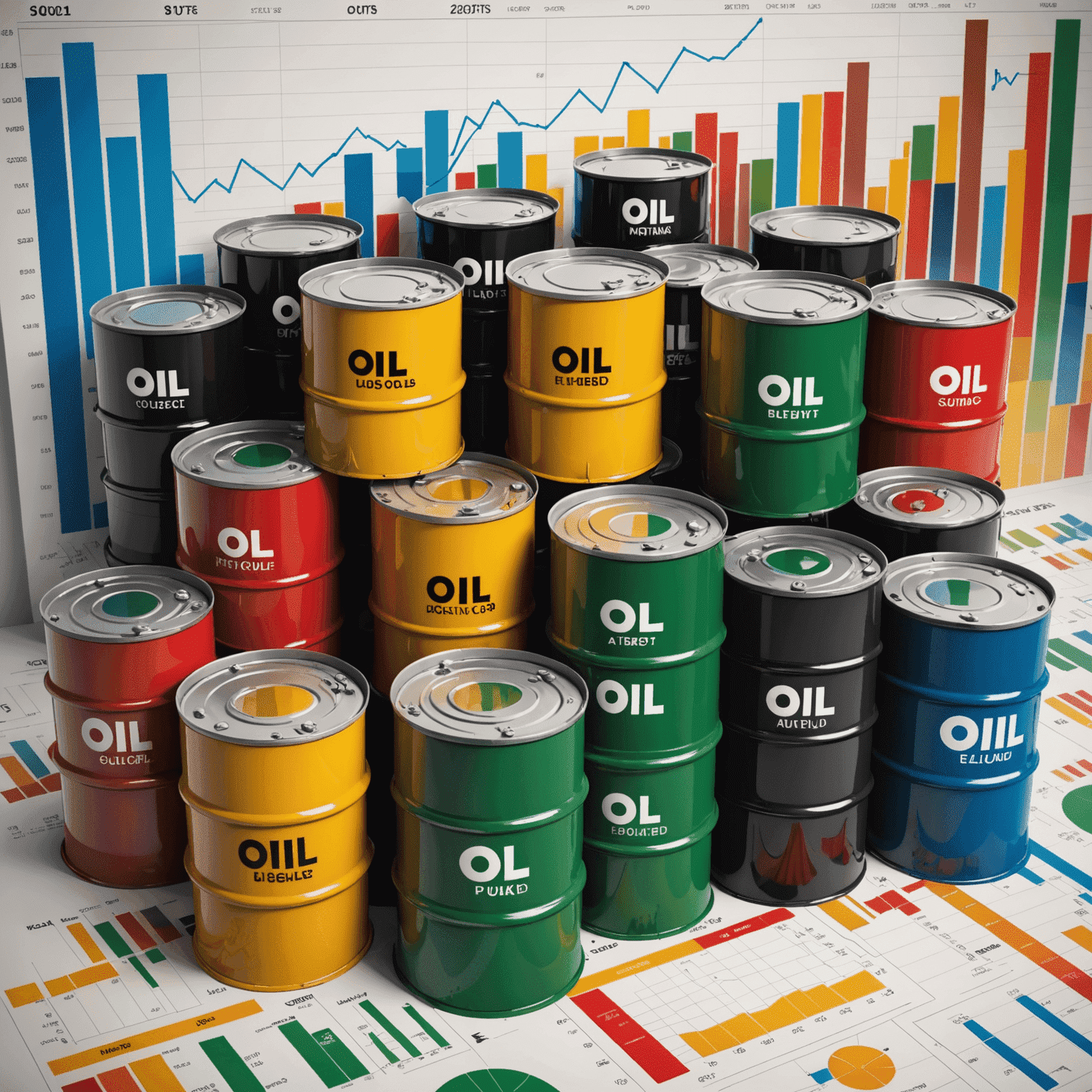 A collage of oil barrels, stock charts, and mutual fund logos, representing various oil investment opportunities