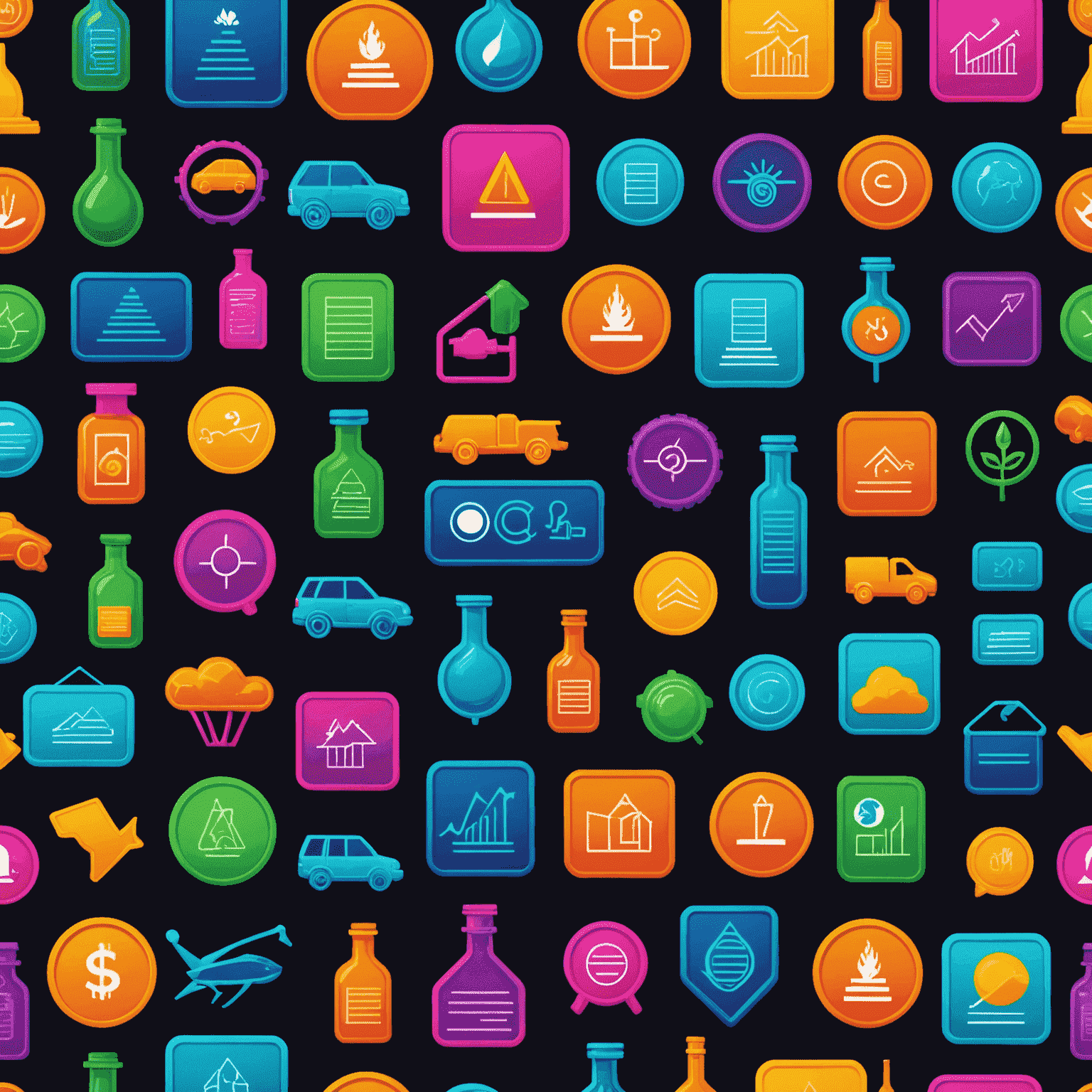 A collage of icons representing different oil investment types: oil stocks, mutual funds, and direct participation programs, all in vibrant neon colors