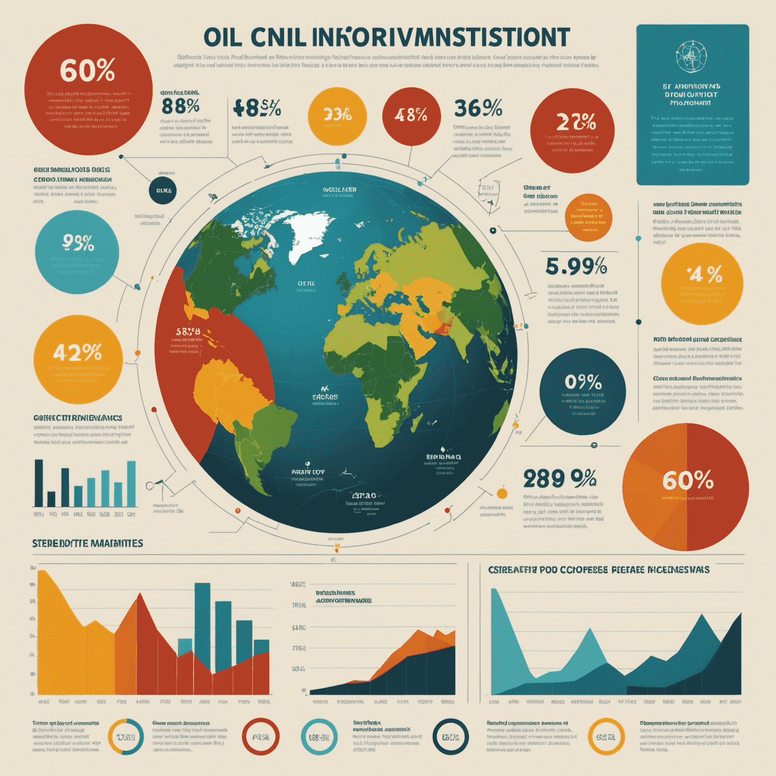 Infographic showing various risk factors affecting oil investments, including price volatility, geopolitical issues, and environmental concerns