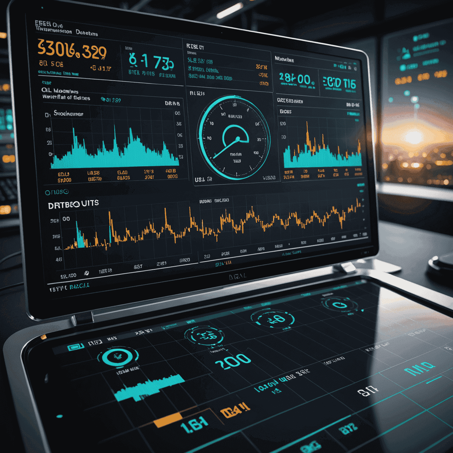 Futuristic dashboard showing real-time oil market data and news