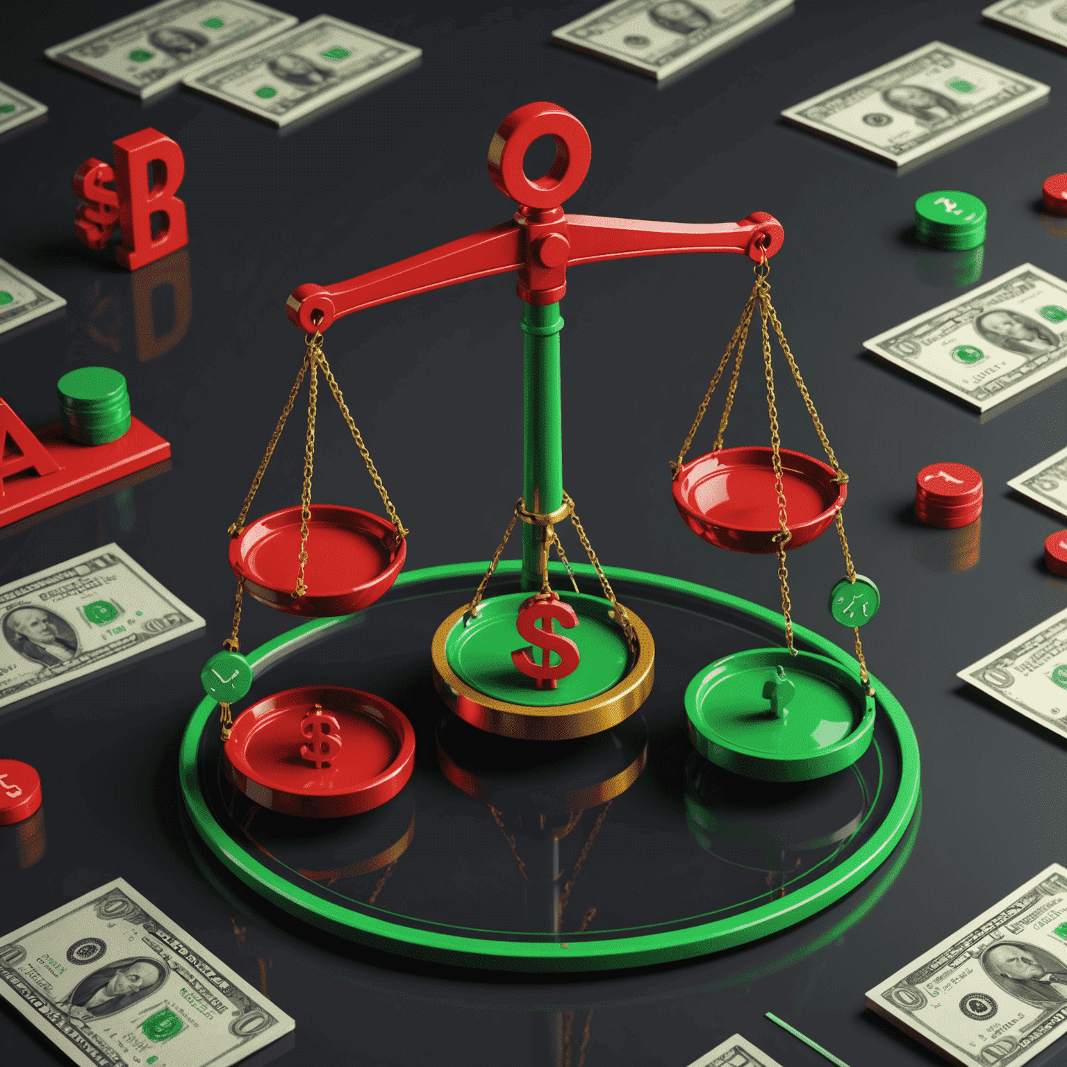 A balanced scale showing risks (red) and rewards (green) of oil investments, with oil-related icons and dollar symbols, all in neon colors