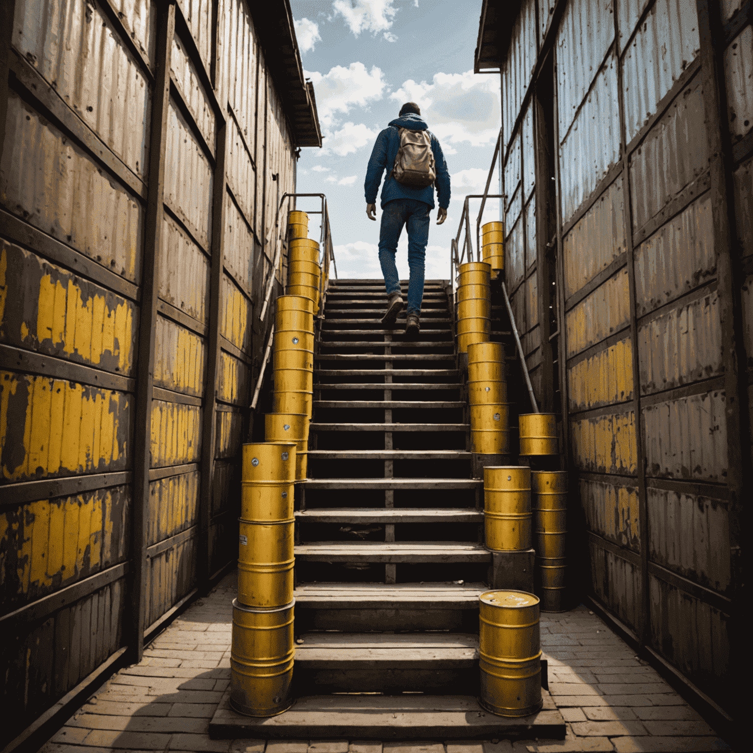 A person taking their first step on a staircase made of oil barrels, symbolizing the journey of making the first oil investment