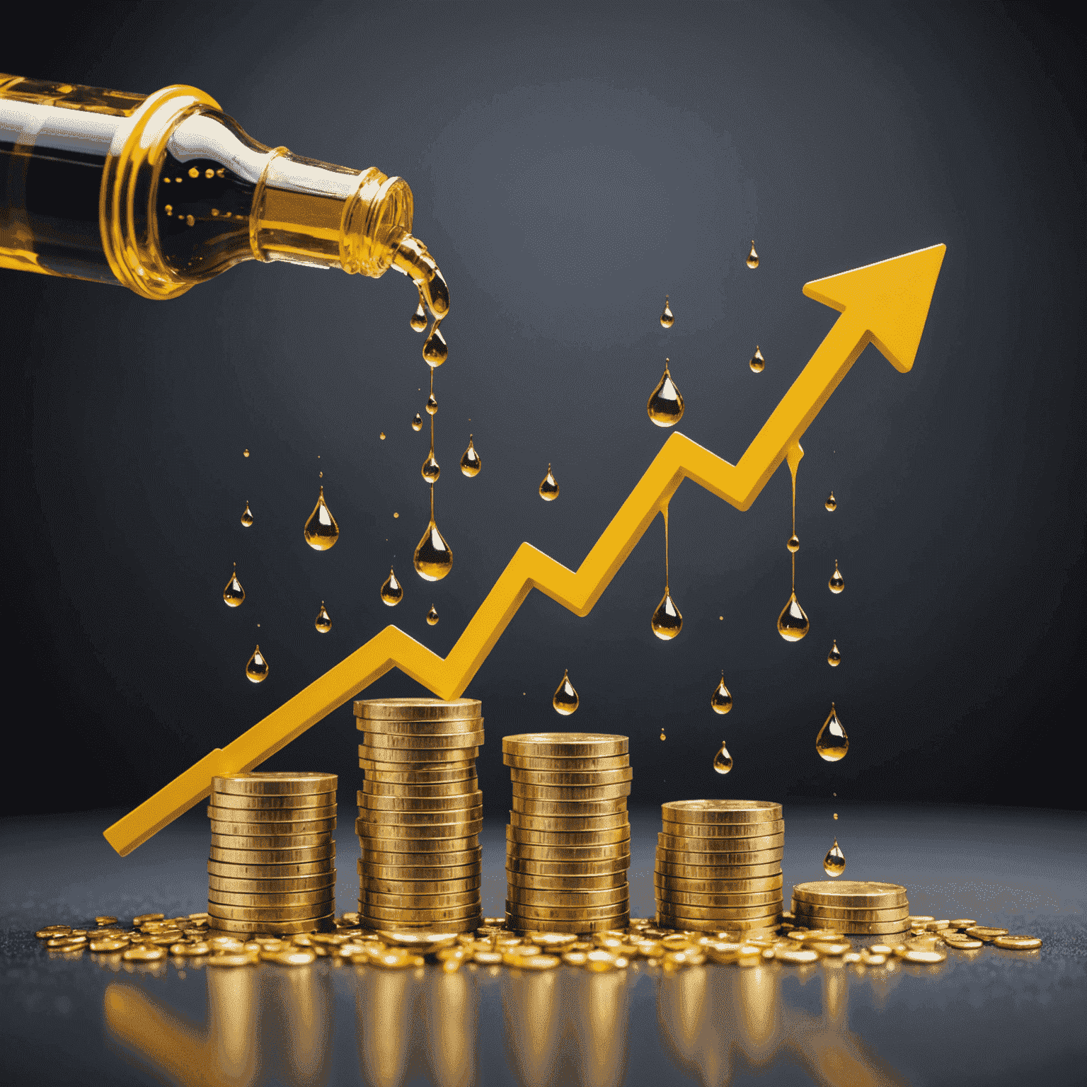 A graph showing increasing profits with oil droplets flowing upwards, representing maximizing passive income from oil investments