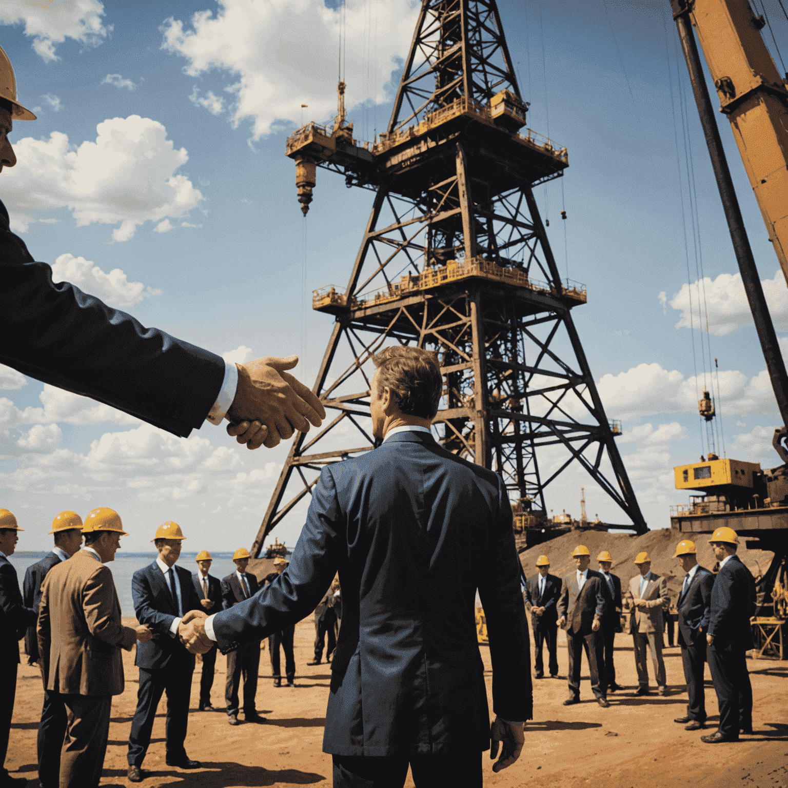 Oil rig with investors shaking hands in foreground